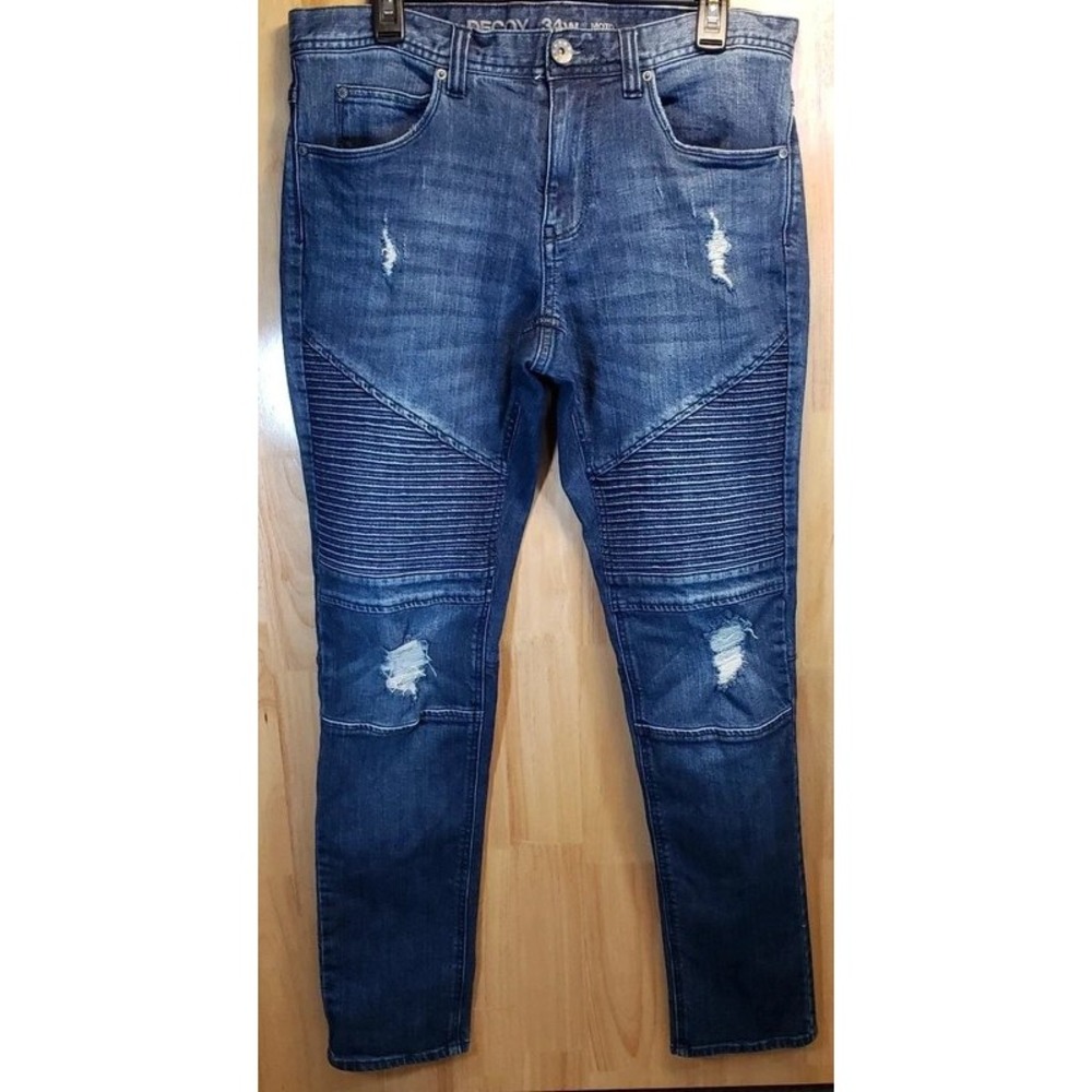Decoy Mens 34W Moto Jeans Blue Distressed Ribbed‎ Knee Slim Fit Denim Pants